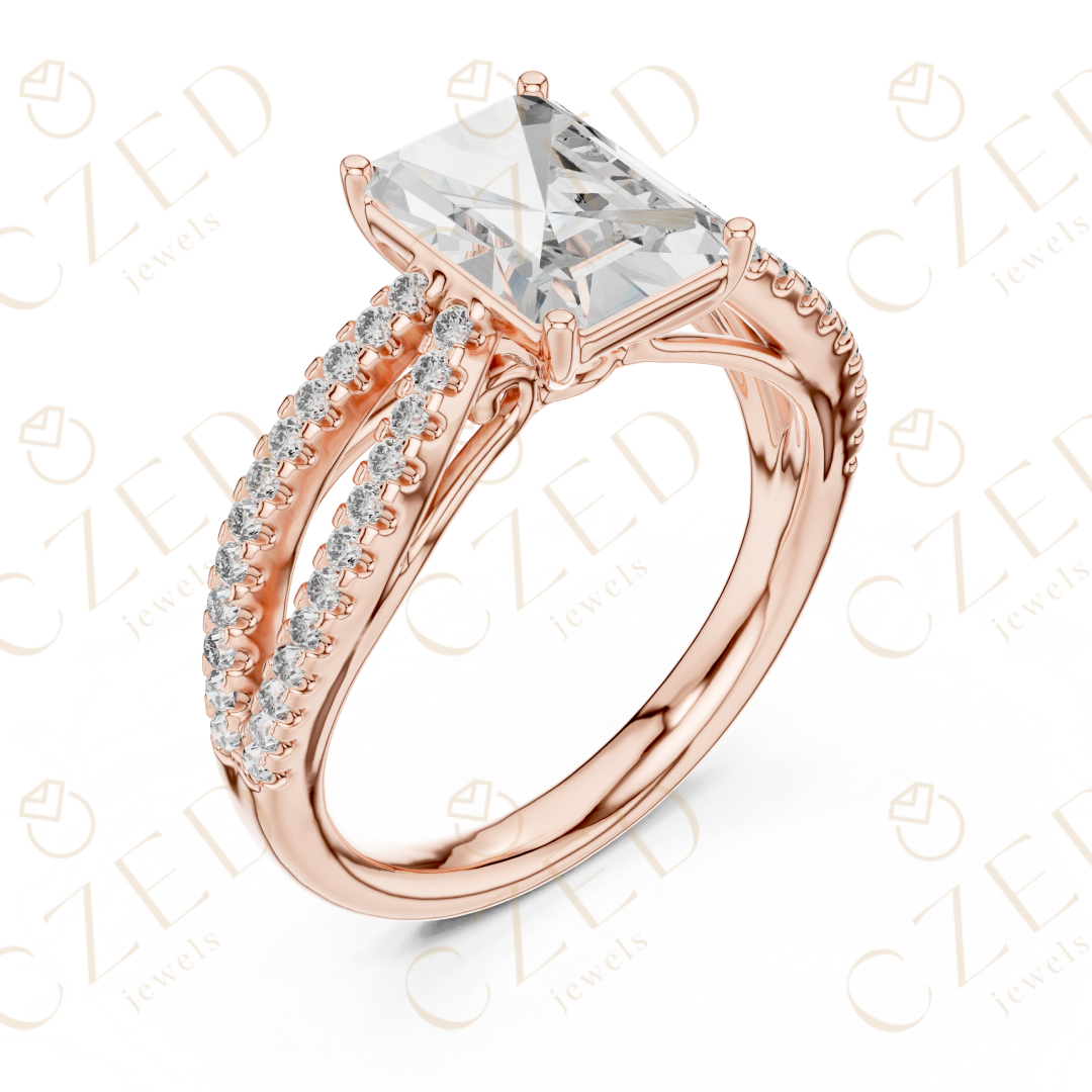 Radiant Cut Diamond Solitaire Ring with Pavé Set Split Shank