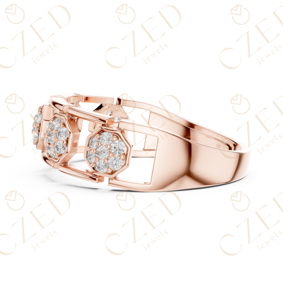 Round Cut Diamond Pavé Hexagon Panel Men’s Band with Openwork Links