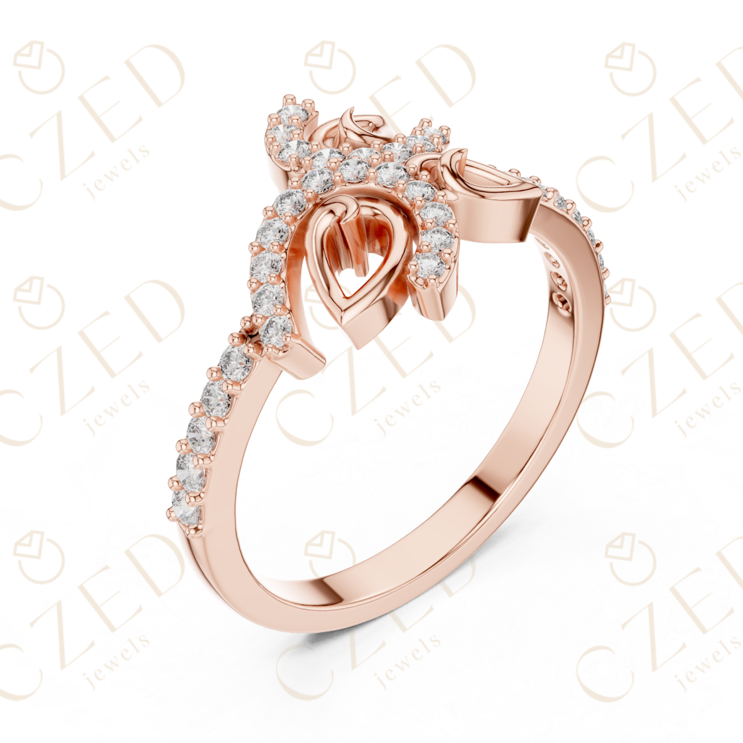 Round Cut Diamond Floral Leaf Halo Ring