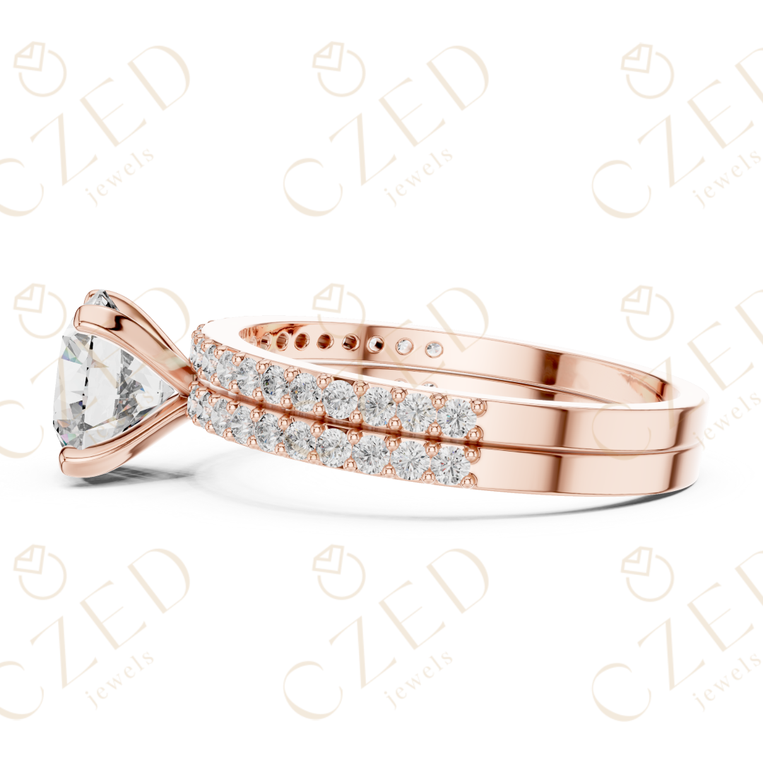 Round Brilliant Diamond Solitaire Ring with Double Row Pave Band