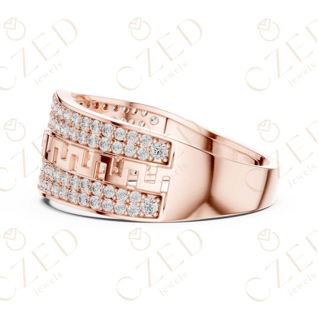 Round Cut Diamond Pavé Panel Men’s Band with Greek Key Openwork