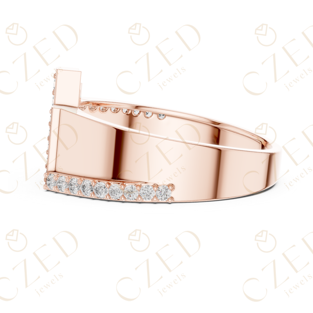 Round Brilliant Diamond Geometric Step Panel Band Ring