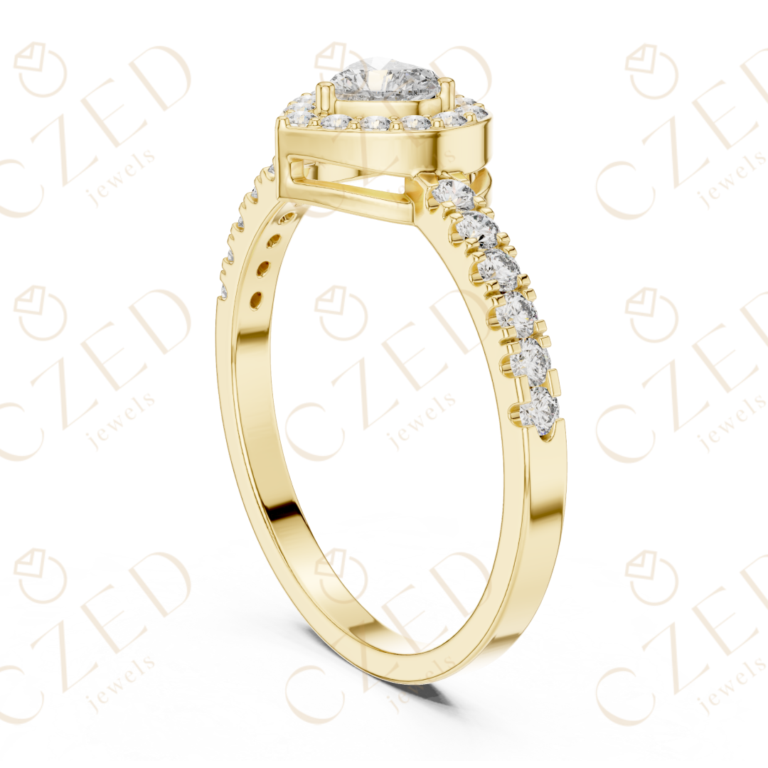 Heart Cut Diamond Halo Ring with Pavé Accented Band and Romantic Brilliance