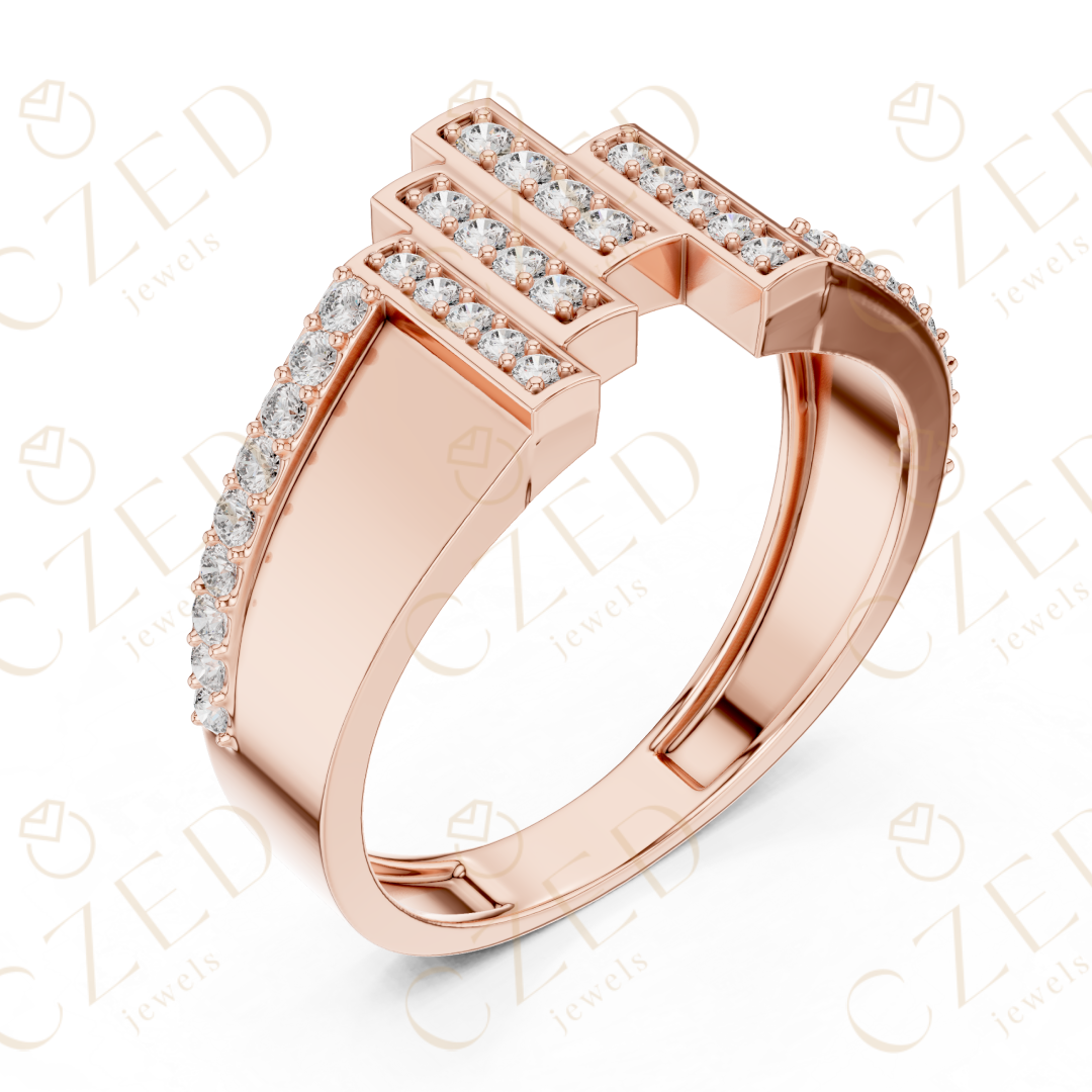 Round Brilliant Diamond Geometric Step Panel Band Ring