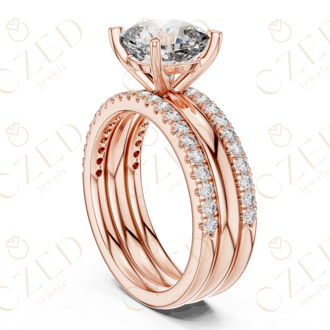 Cushion Cut Diamond Solitaire Ring with Pavé Band Stack