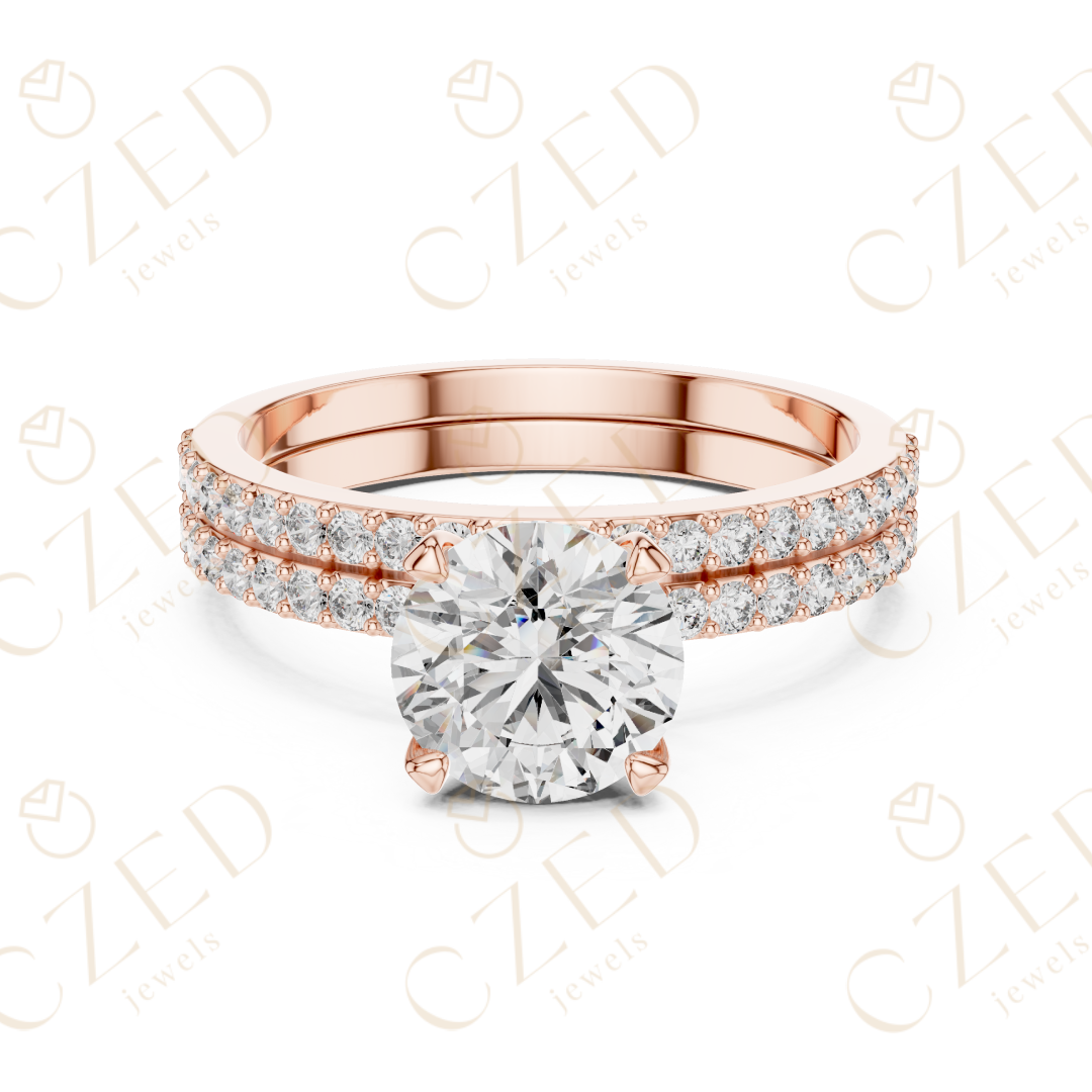 Round Brilliant Diamond Solitaire Ring with Double Row Pave Band