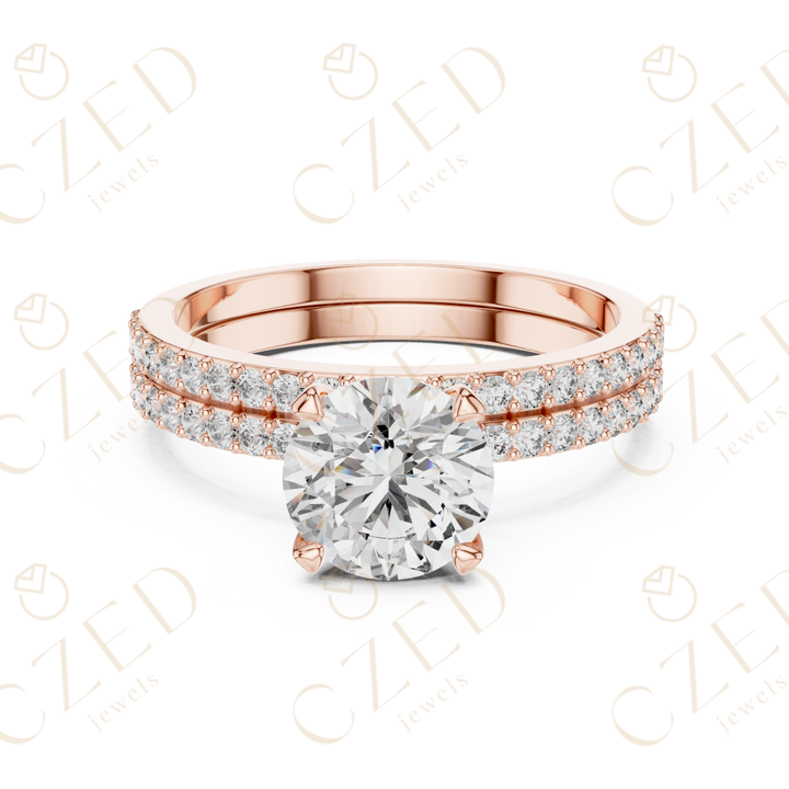 Round Brilliant Diamond Solitaire Ring with Double Row Pave Band