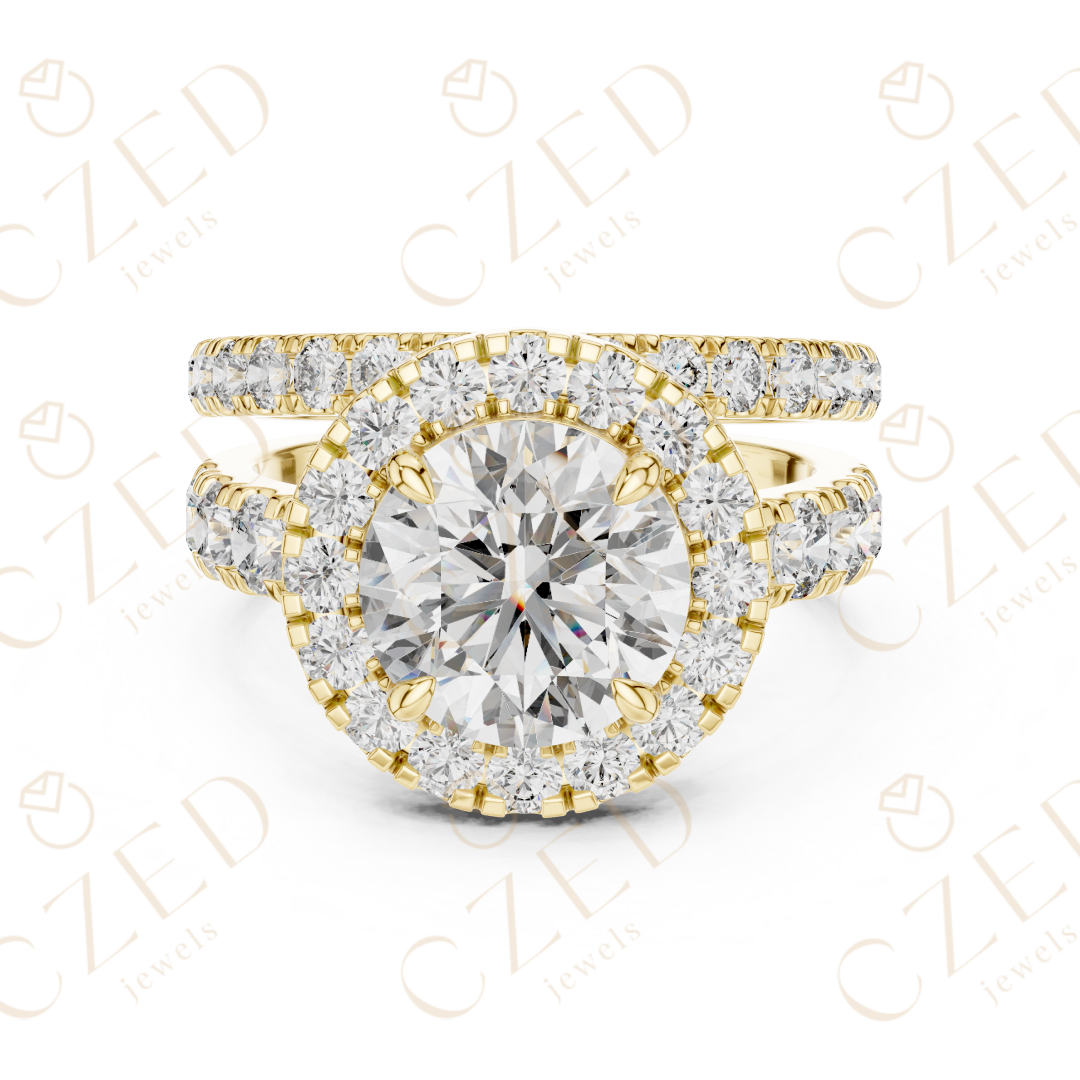Round Brilliant Diamond Halo Ring with Double Row Pave Band and Matching Band