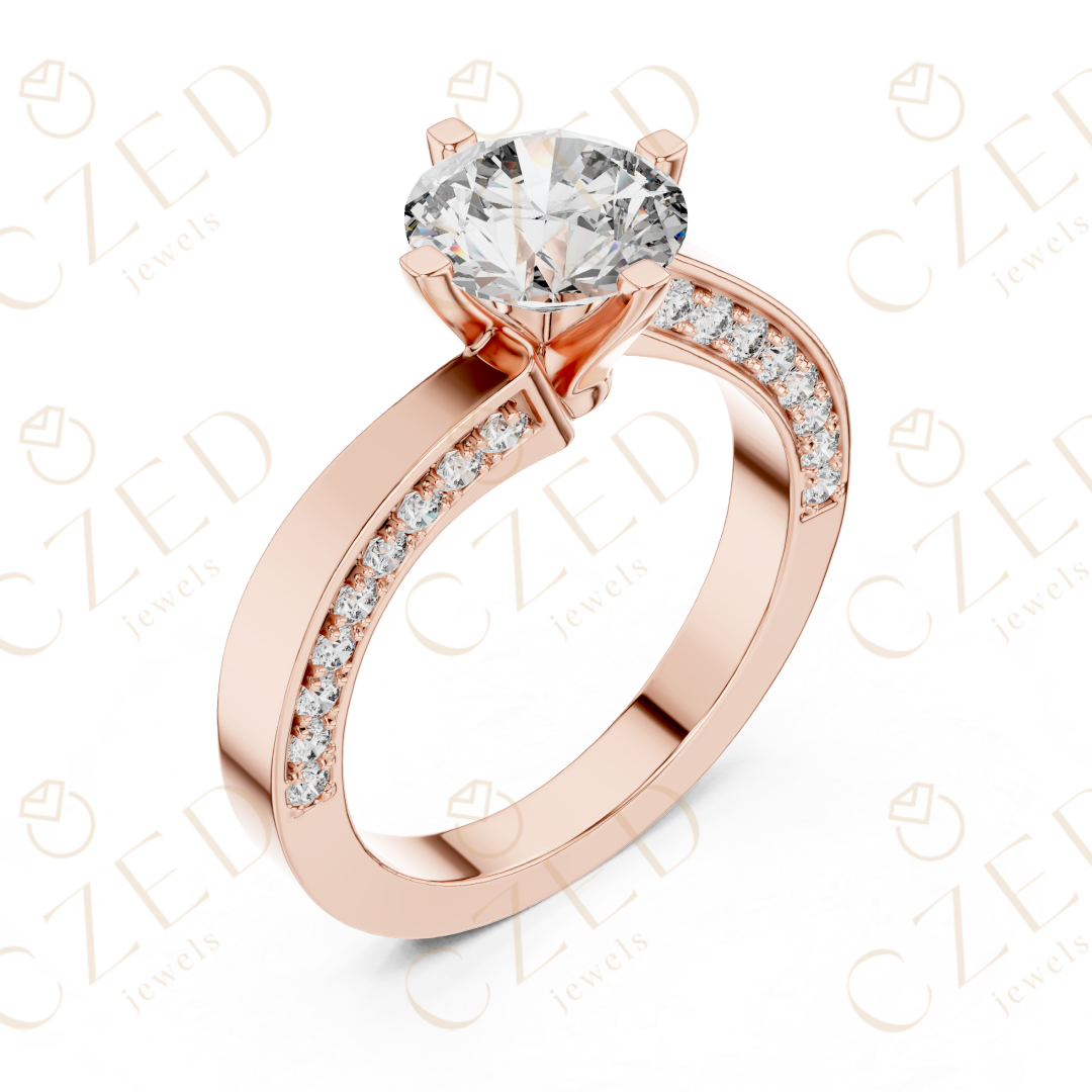 Round Brilliant Solitaire Diamond Ring with Twisted Pavé Accents