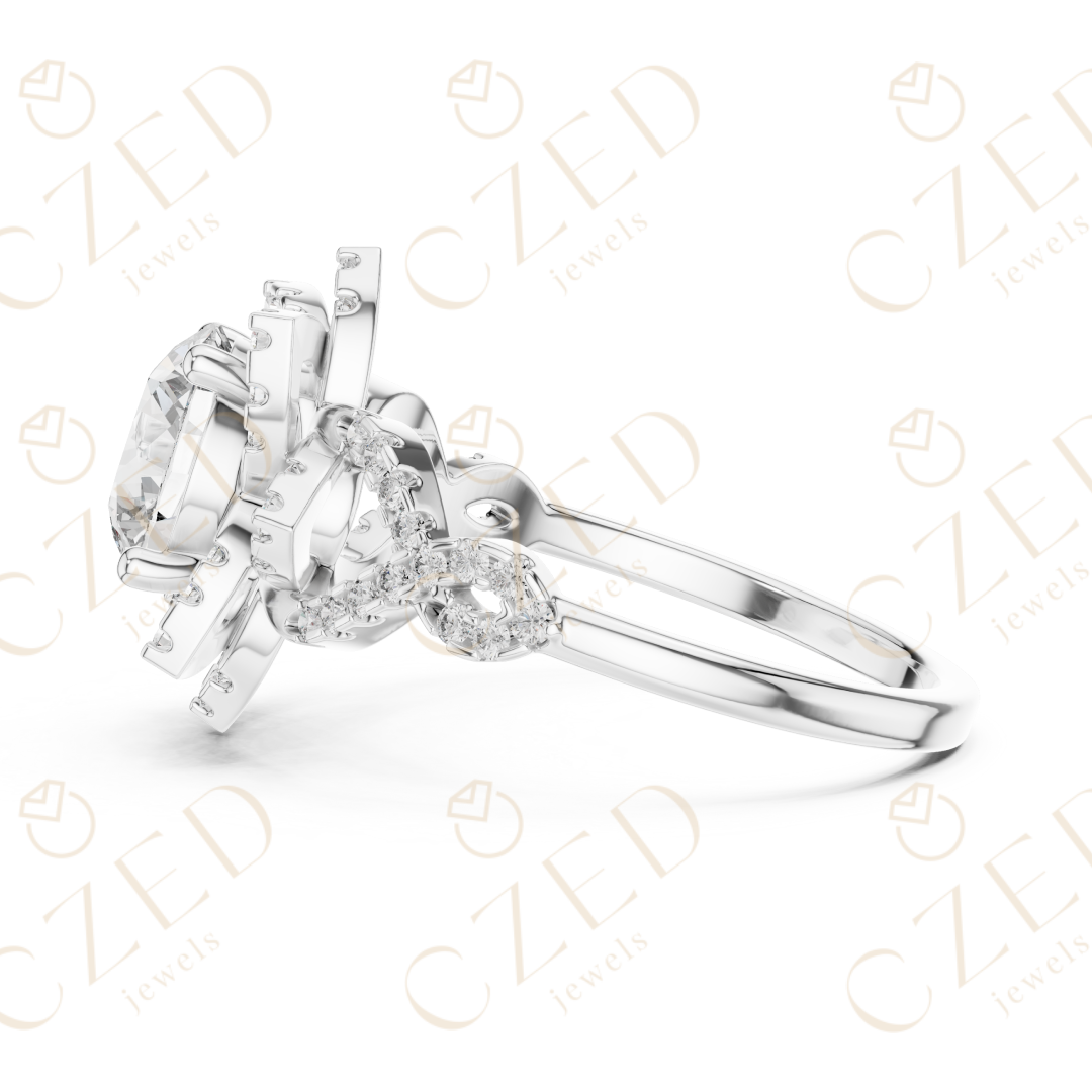 Round Cut Floral Halo Diamond Engagement Ring