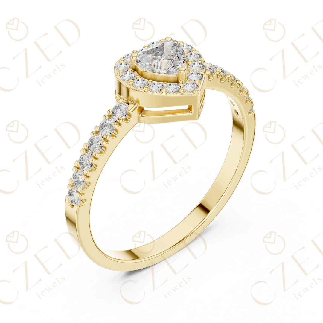 Heart Cut Diamond Halo Ring with Pavé Accented Band and Romantic Brilliance