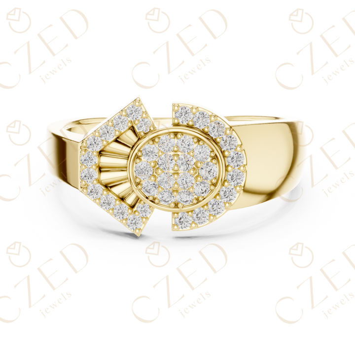 Round Cut Diamond Asymmetric Halo Disc Ring with Pavé Accents