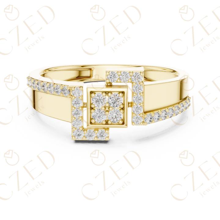 Round Cut Diamond Geometric Square Cluster Band with Pavé Accents