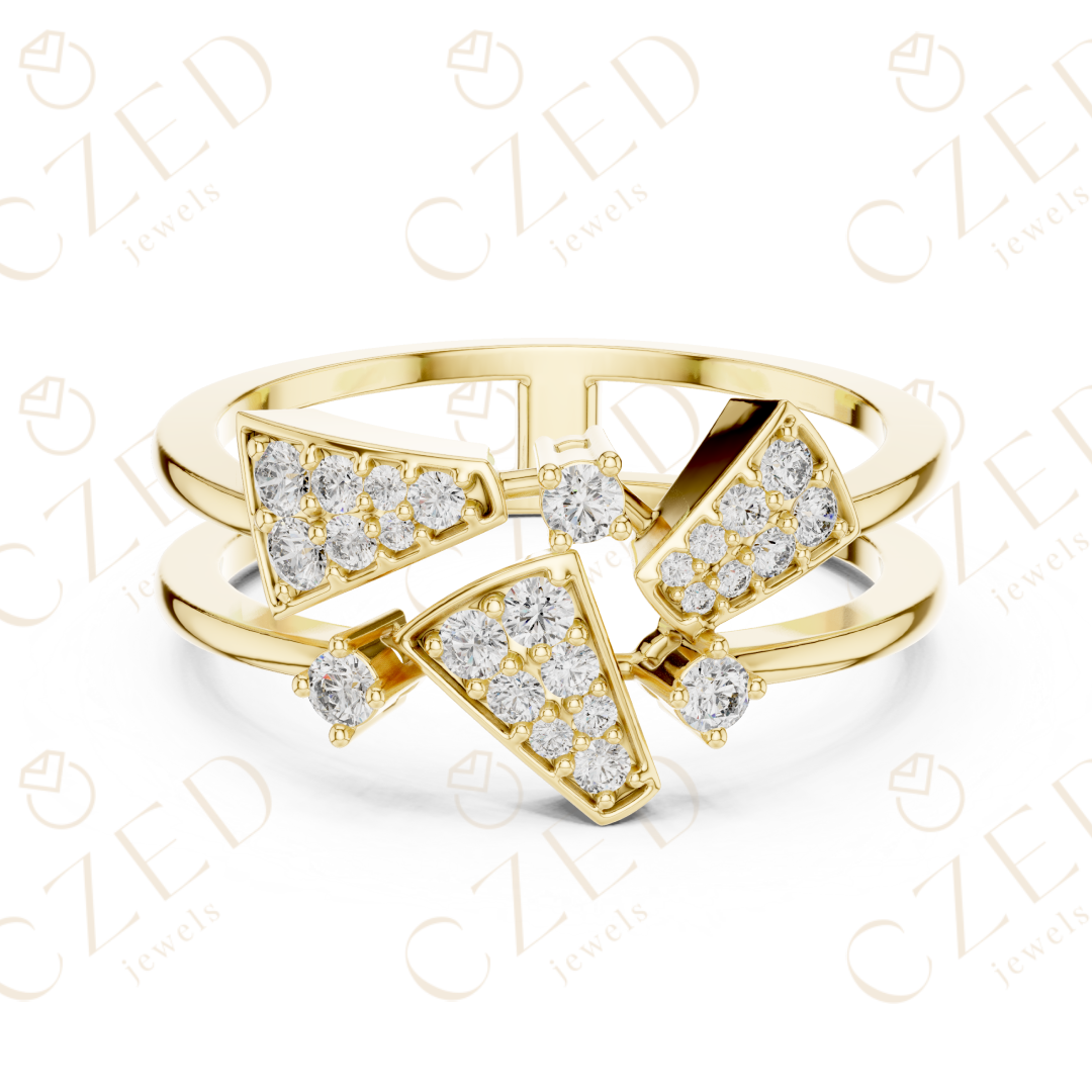 Round Cut Diamond Geometric Chevron Pavé Stackable Ring