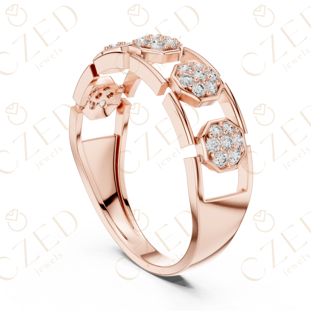 Round Cut Diamond Pavé Hexagon Panel Men’s Band with Openwork Links