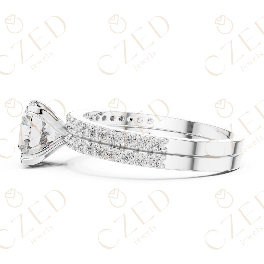 Round Brilliant Diamond Solitaire Ring with Double Row Pave Band