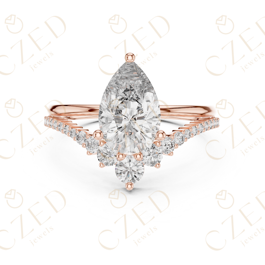 Pear Cut Diamond Engagement Ring with Round Side Stones