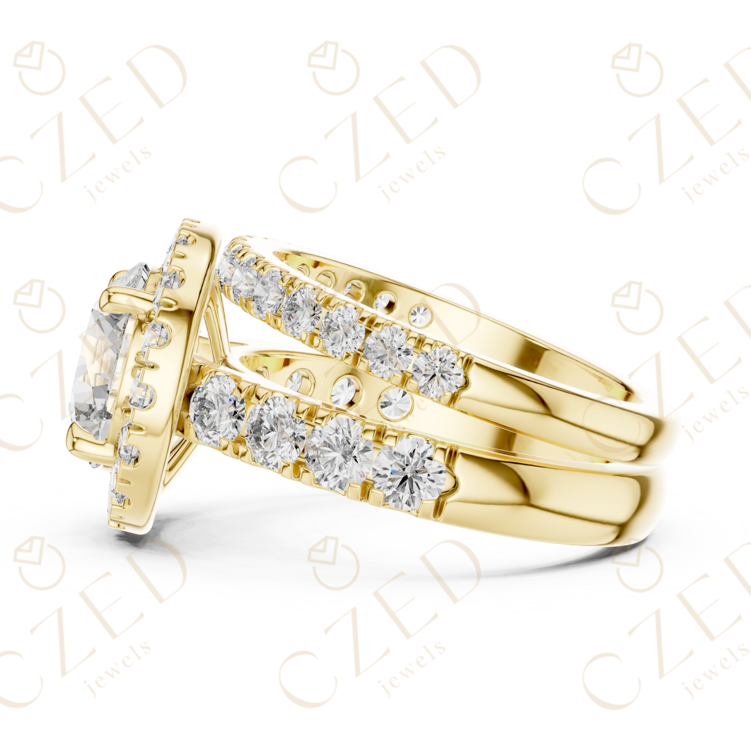 Round Brilliant Diamond Halo Ring with Double Row Pave Band and Matching Band