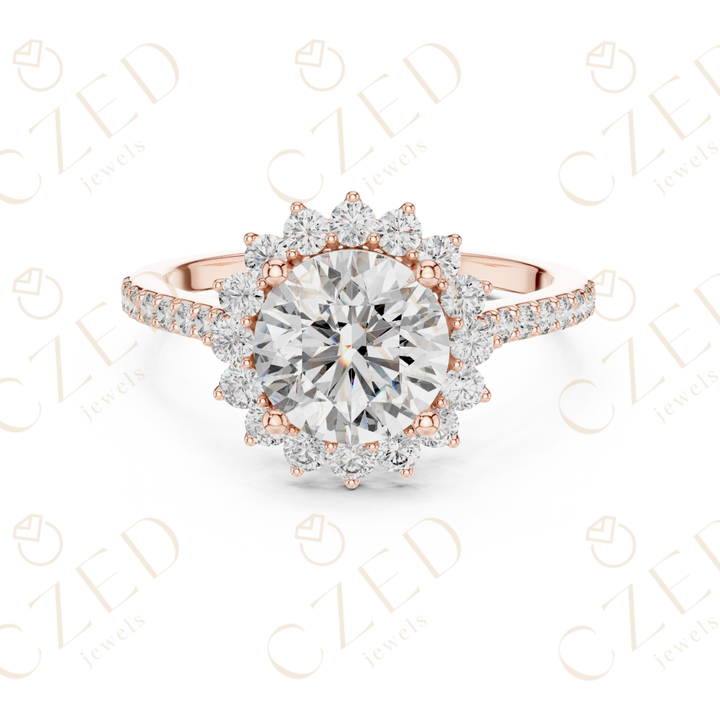 Round Cut Diamond Halo Engagement Ring with Pavé Band