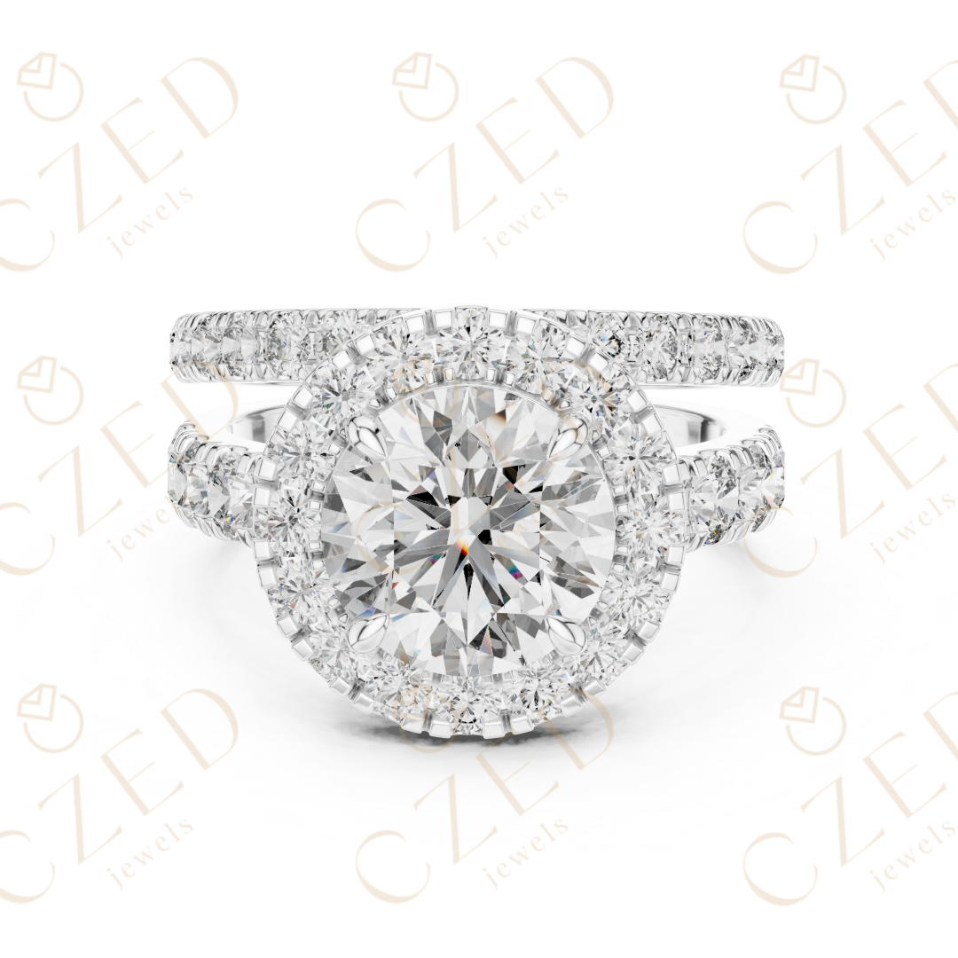 Round Brilliant Diamond Halo Ring with Double Row Pave Band and Matching Band