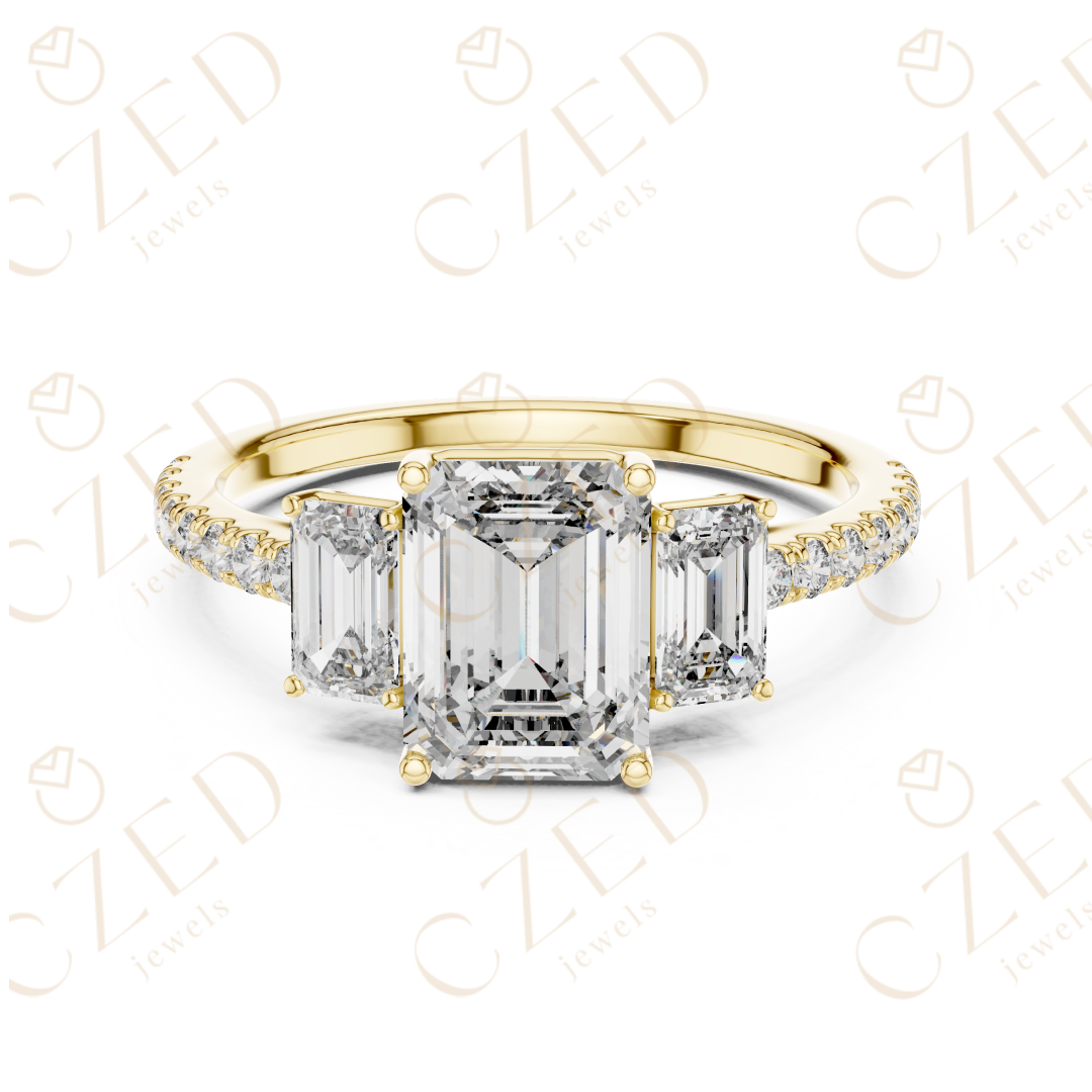 Emerald Cut Diamond Three Stone Ring with Pavé Band