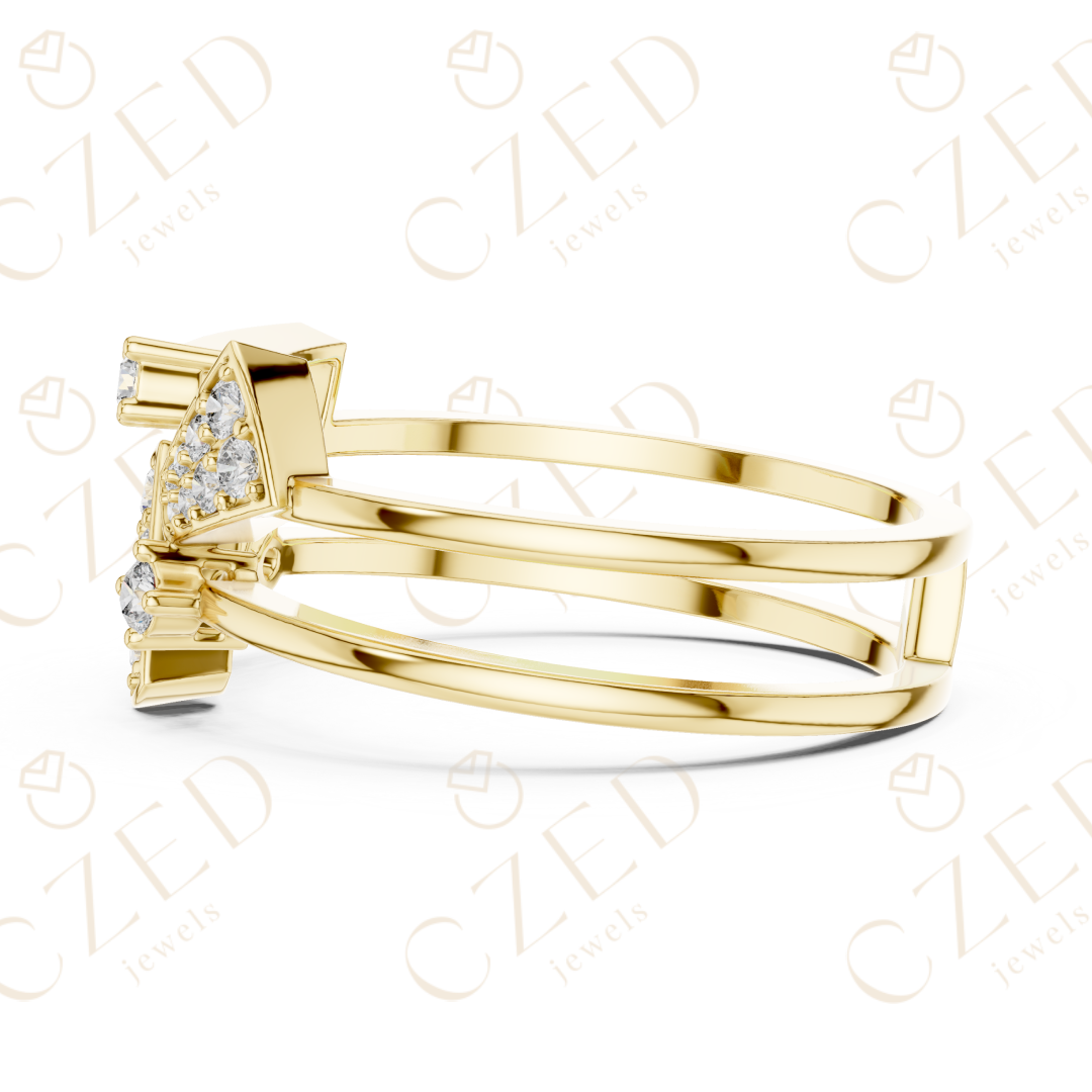 Round Cut Diamond Geometric Chevron Pavé Stackable Ring