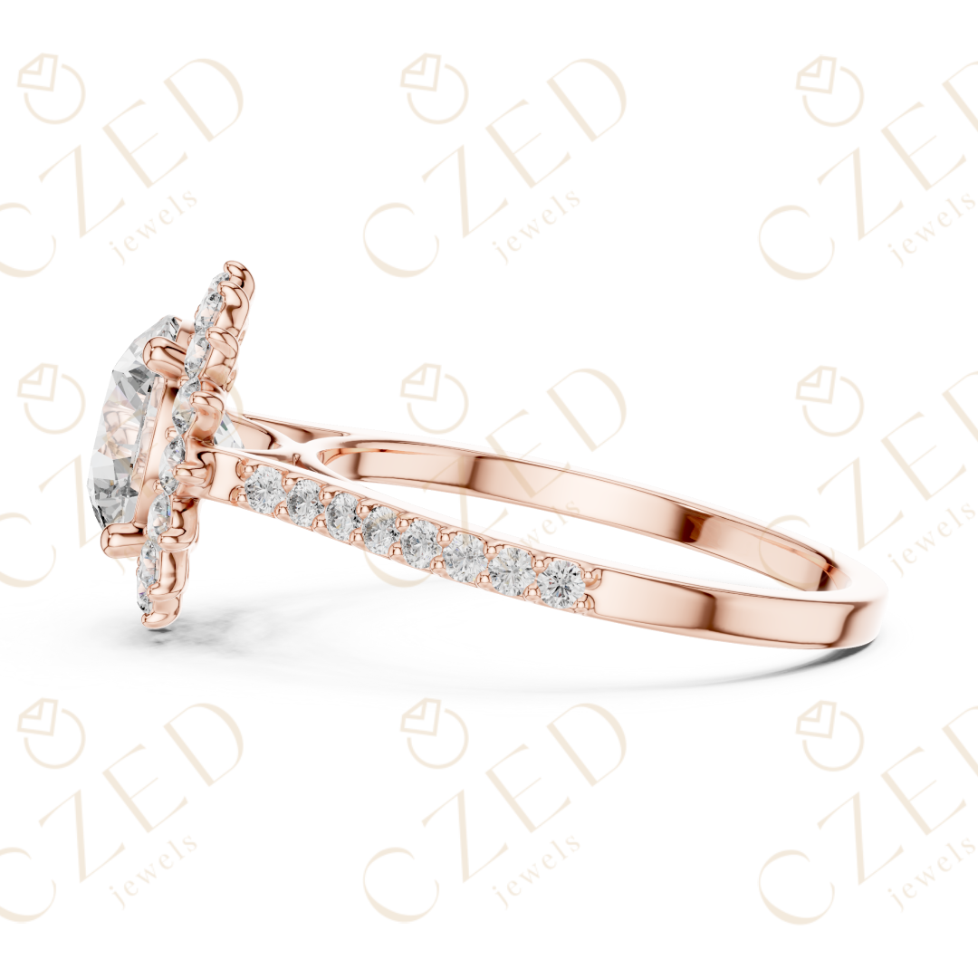 Round Cut Diamond Halo Engagement Ring with Pavé Band