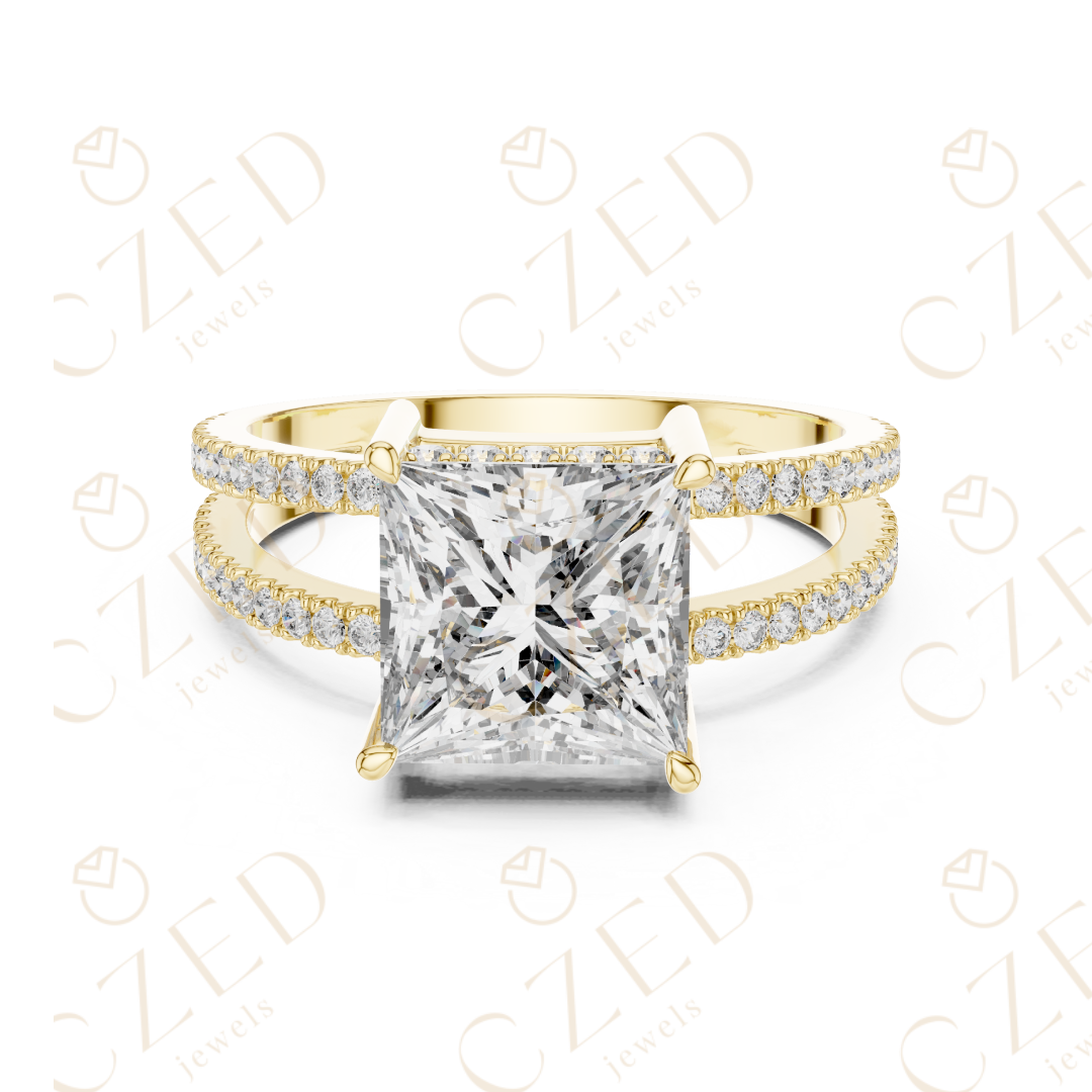 Princess Cut Solitaire Diamond Ring with Double Pavé Band