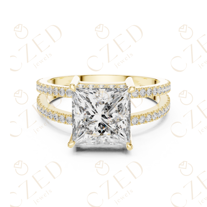 Princess Cut Solitaire Diamond Ring with Double Pavé Band