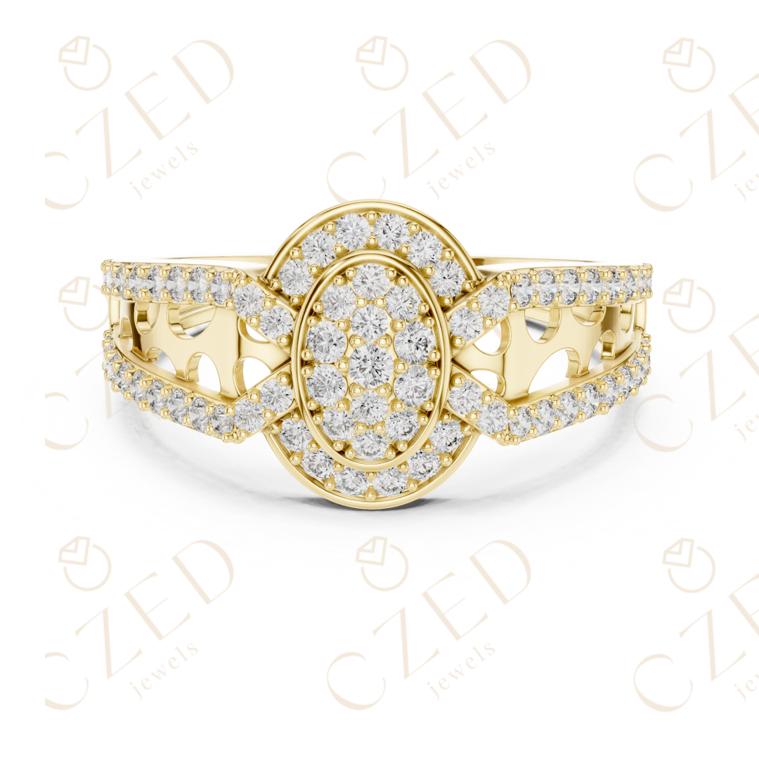 Oval Halo Diamond Cluster Ring with Split Pavé Band