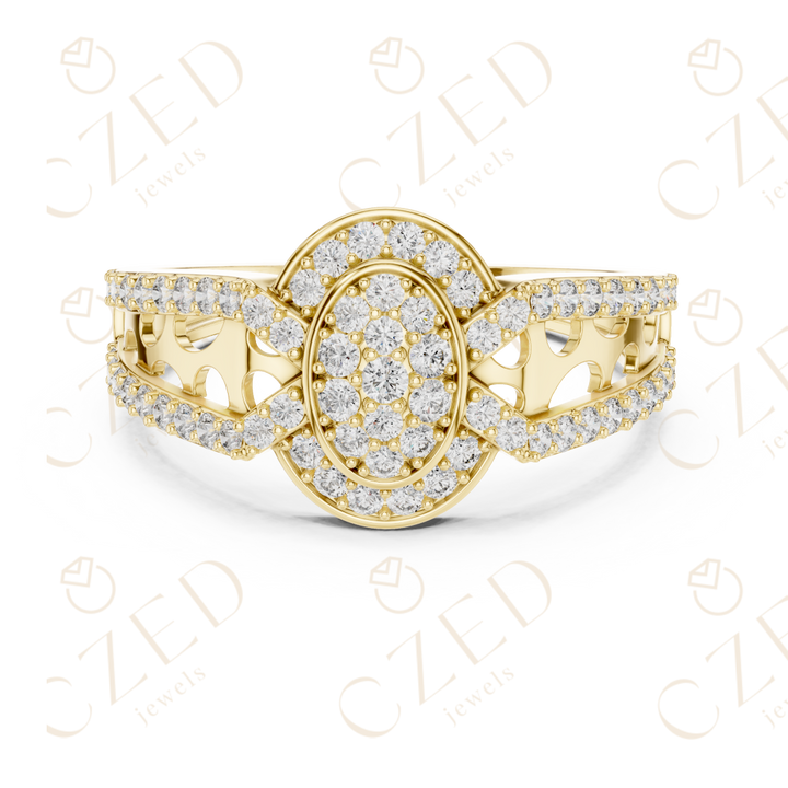 Oval Halo Diamond Cluster Ring with Split Pavé Band