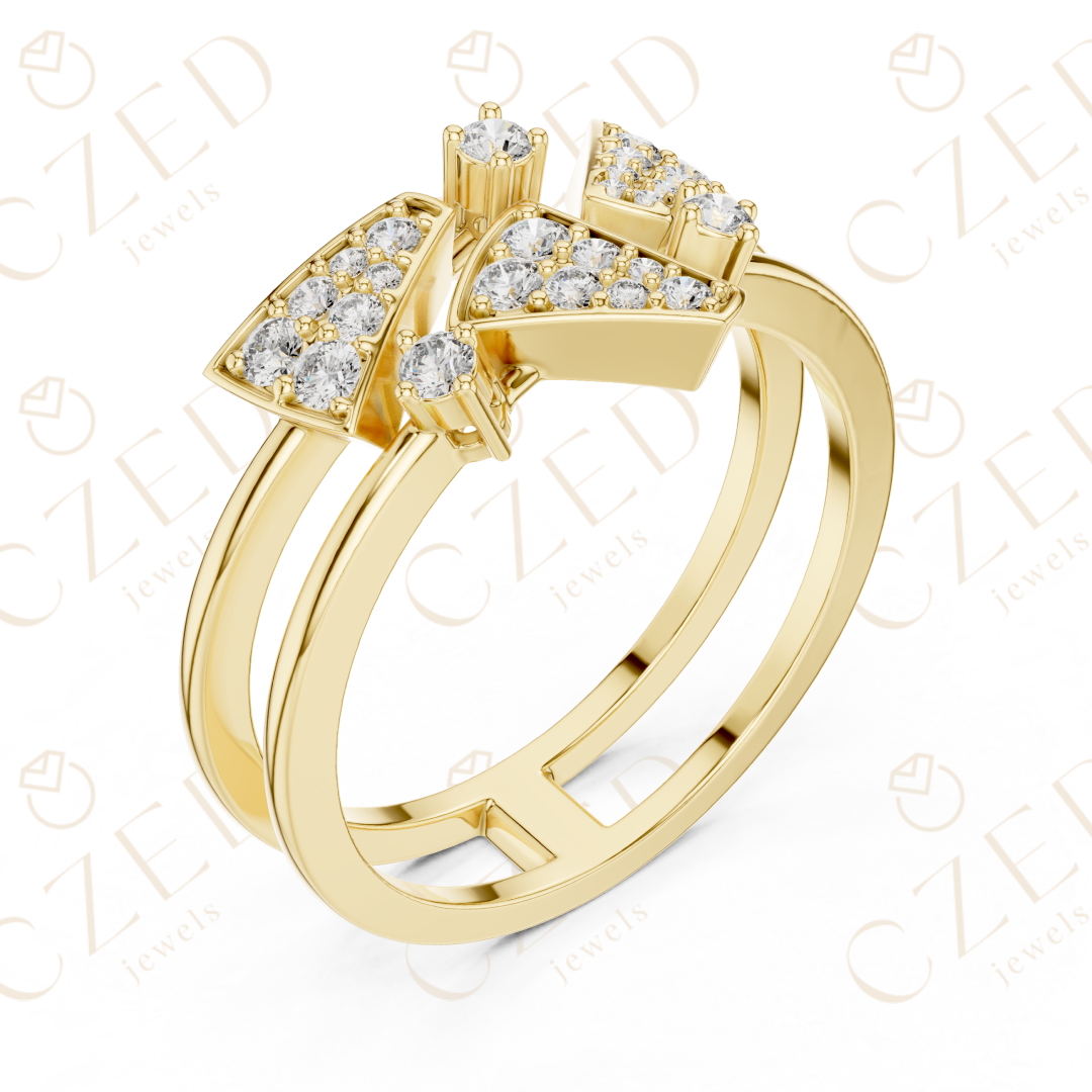 Round Cut Diamond Geometric Chevron Pavé Stackable Ring