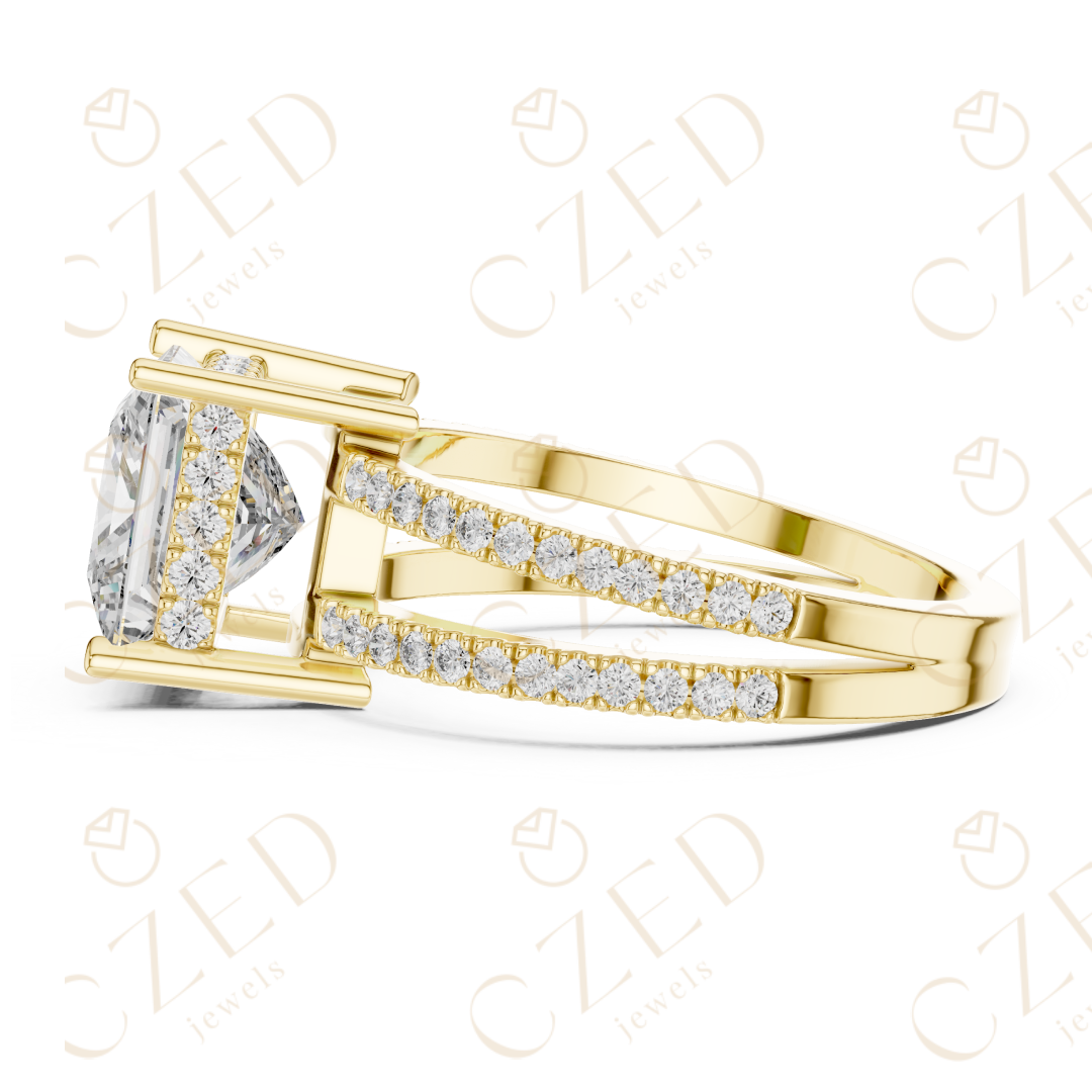 Princess Cut Solitaire Diamond Ring with Double Pavé Band