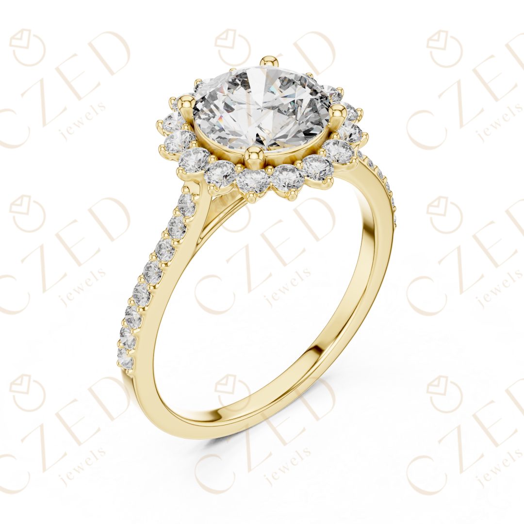 Round Cut Diamond Halo Engagement Ring with Pavé Band
