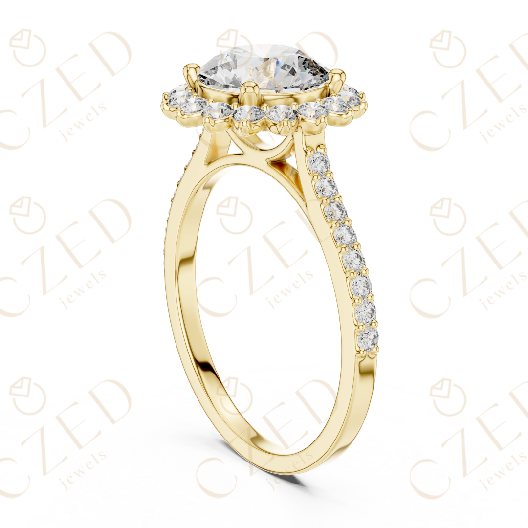 Round Cut Diamond Halo Engagement Ring with Pavé Band