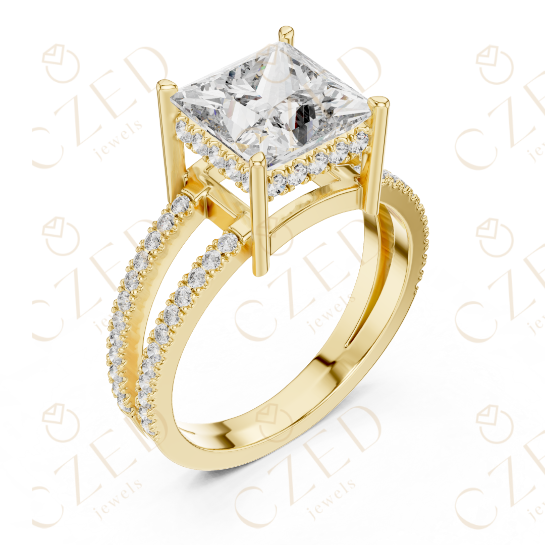 Princess Cut Solitaire Diamond Ring with Double Pavé Band