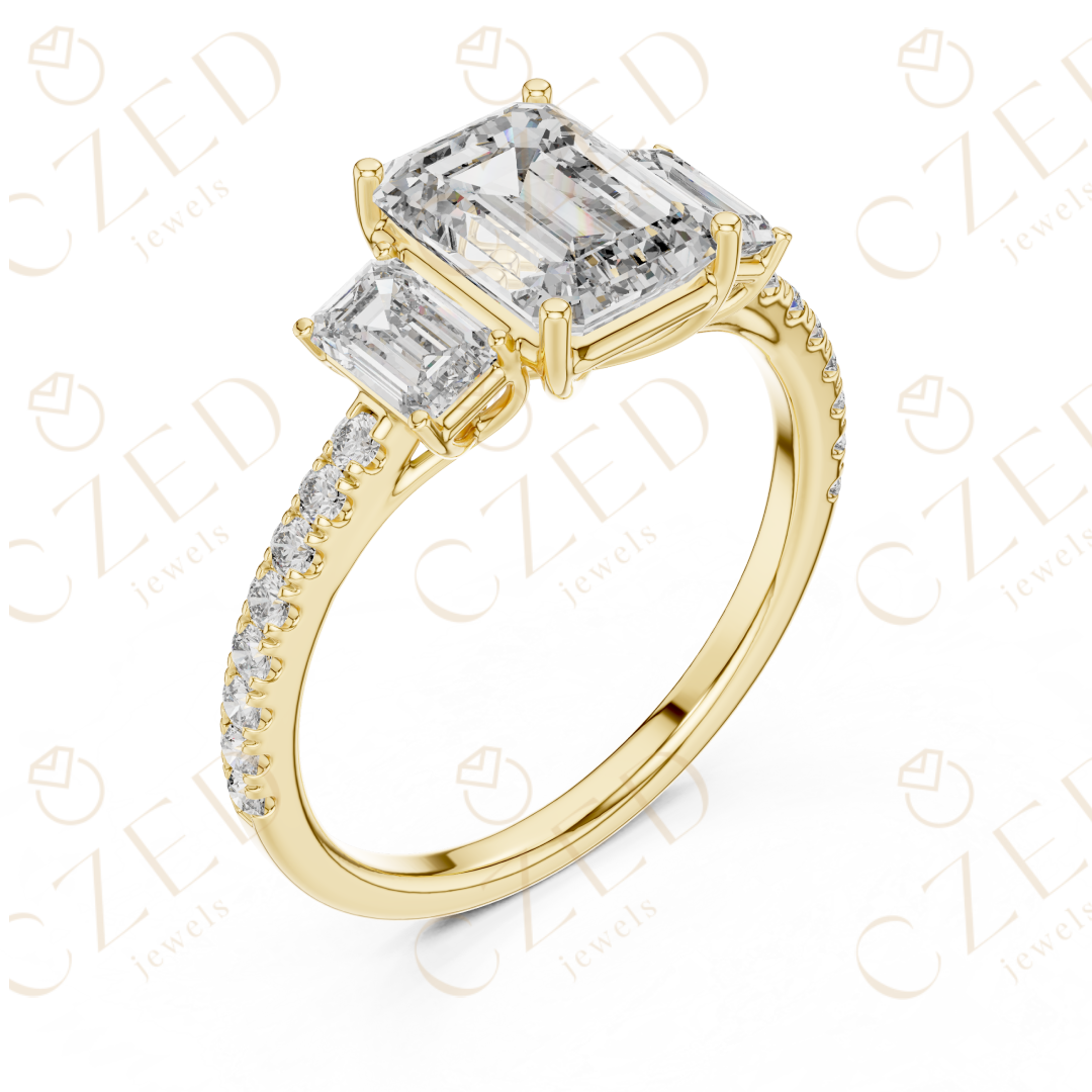 Emerald Cut Diamond Three Stone Ring with Pavé Band