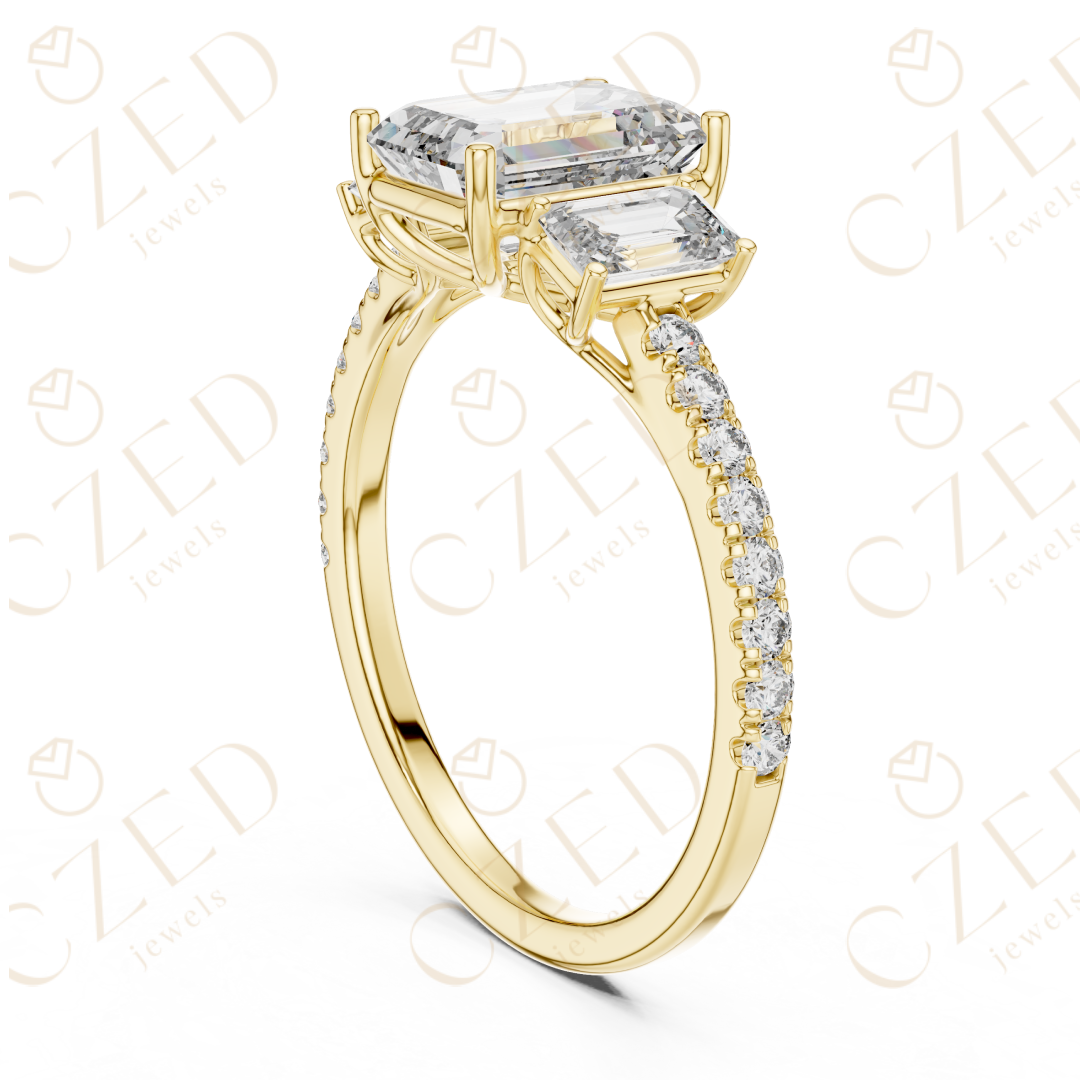 Emerald Cut Diamond Three Stone Ring with Pavé Band