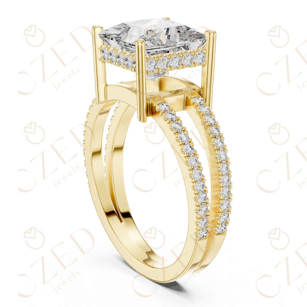 Princess Cut Solitaire Diamond Ring with Double Pavé Band