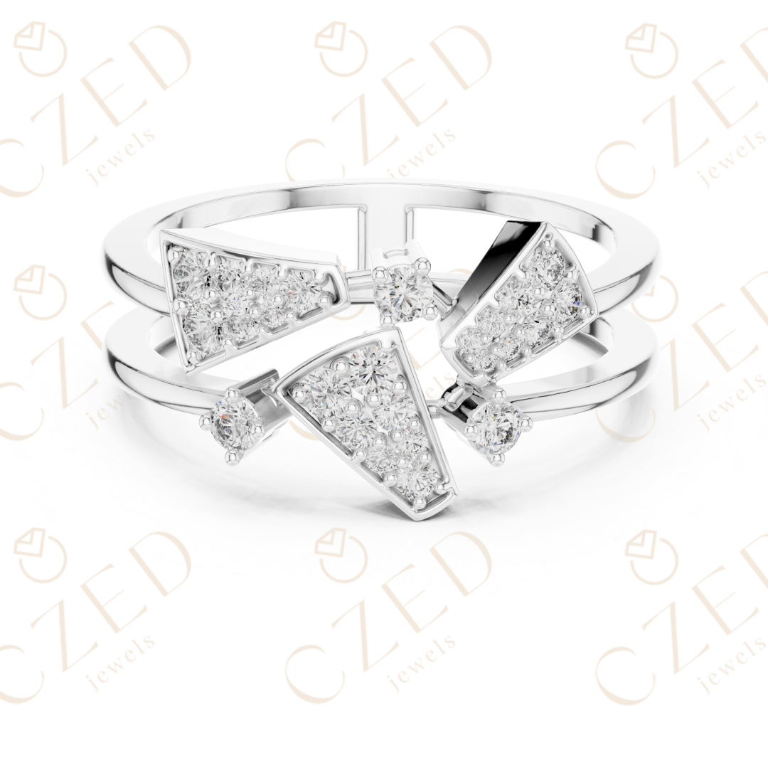 Round Cut Diamond Geometric Chevron Pavé Stackable Ring