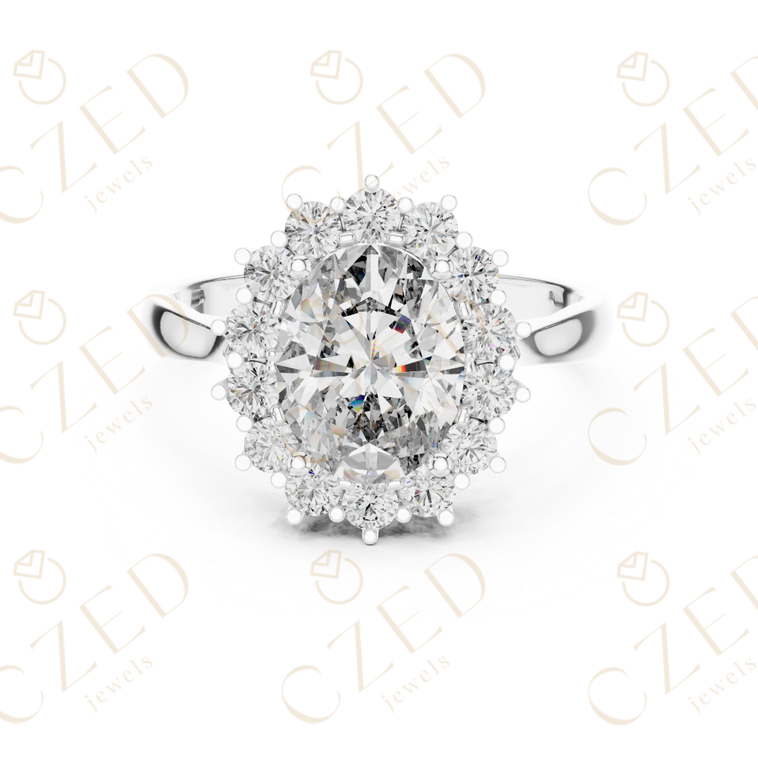 Oval Brilliant Halo Diamond Ring with Classic Collet Setting