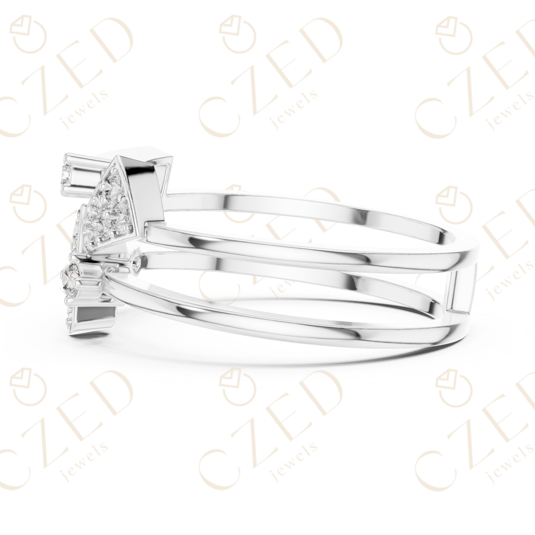 Round Cut Diamond Geometric Chevron Pavé Stackable Ring