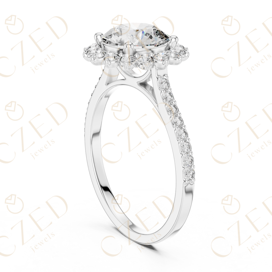 Round Cut Diamond Halo Engagement Ring with Pavé Band