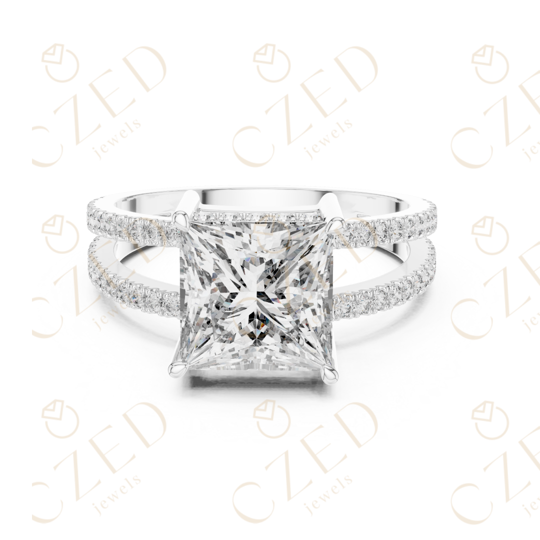 Princess Cut Solitaire Diamond Ring with Double Pavé Band