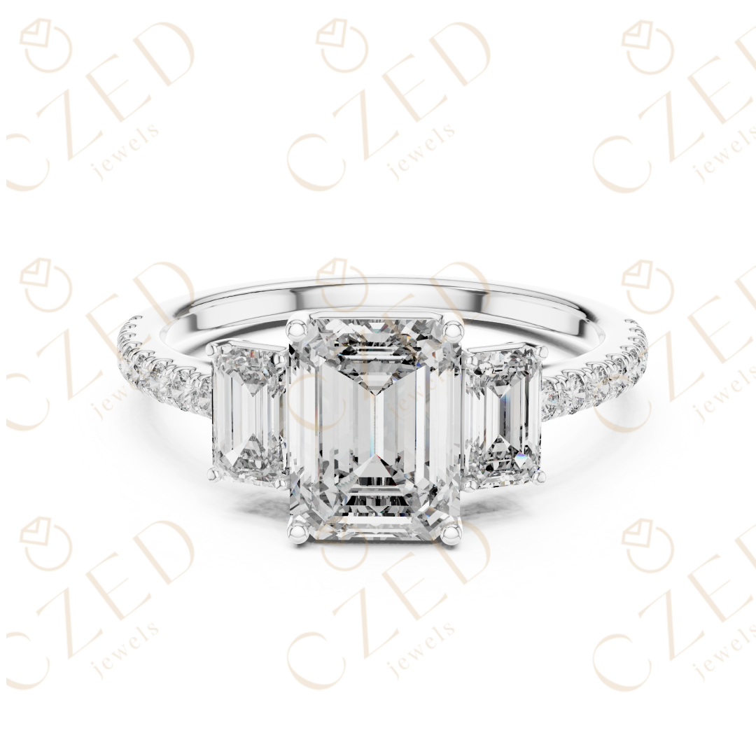 Emerald Cut Diamond Three Stone Ring with Pavé Band