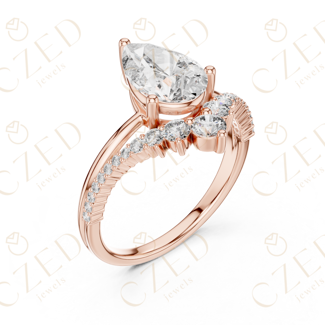 Pear Cut Diamond Engagement Ring with Round Side Stones