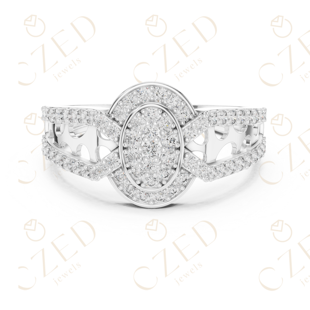 Oval Halo Diamond Cluster Ring with Split Pavé Band