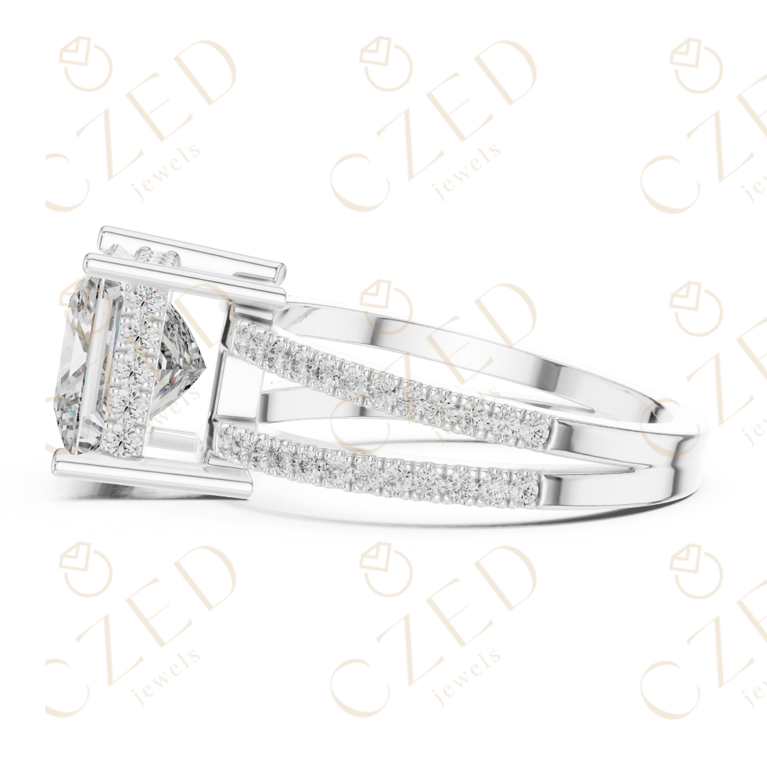 Princess Cut Solitaire Diamond Ring with Double Pavé Band