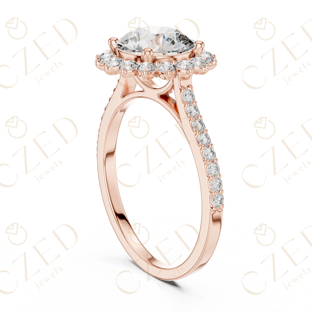 Round Cut Diamond Halo Engagement Ring with Pavé Band