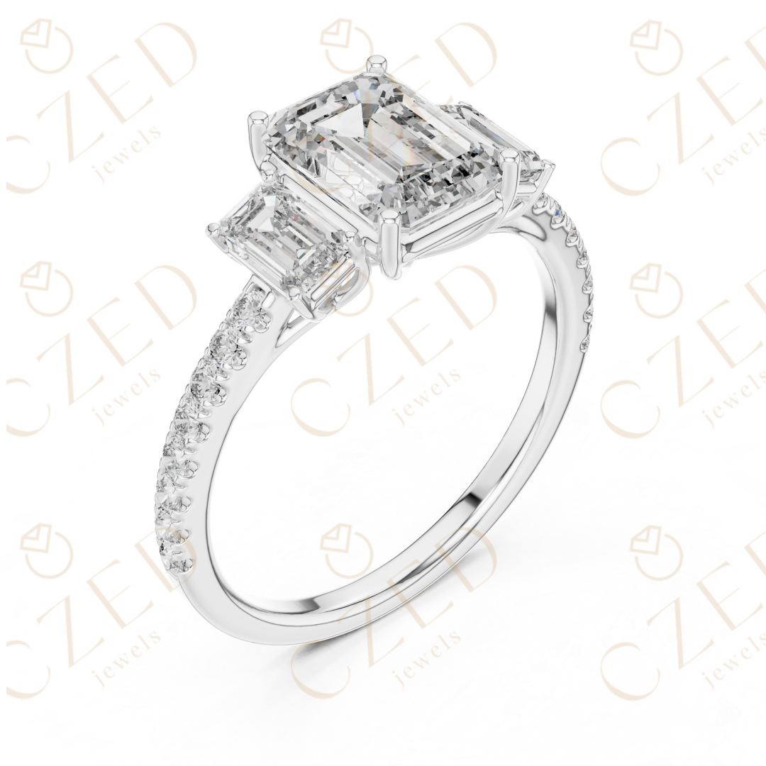Emerald Cut Diamond Three Stone Ring with Pavé Band